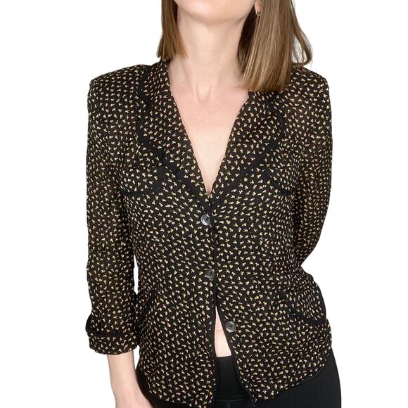 Vintage y2k Women's 100% Silk Black Pink Ditsy Floral Whimsigoth Blouse Top 6 - Picture 1 of 9